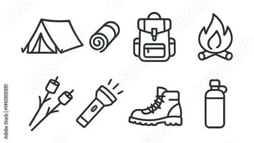 Line vector icons of camping trip: tent, sleeping mat, backpack, campfire, marshmallows, flashlight, hiking boots, water bottle.