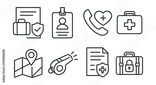 Line vector icons of travel safety: travel insurance, ID badge, emergency contact, first aid kit, GPS tracker, safety whistle, health certificate, locked suitcase.