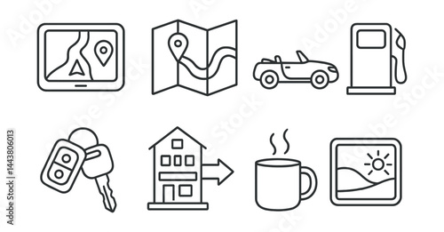 Line vector icons of road trips: GPS device, road map, convertible car, fuel station, car keys, roadside motel, coffee mug, car window view.