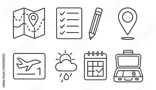 Line vector icons of travel planning: itinerary map, travel checklist, pencil, destination pin, flight number, weather forecast, day planner, suitcase open.