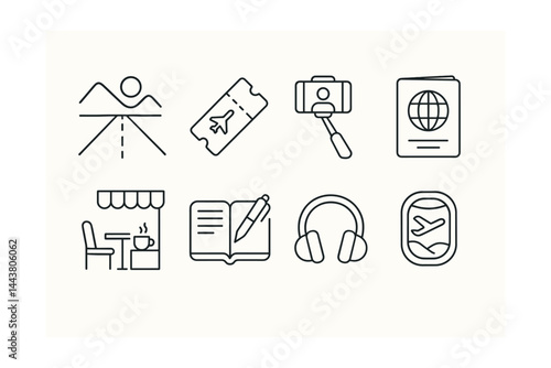 Line vector icons of solo travel: open road, single ticket, selfie stick, solo passport, cafe corner, journal, headphones, window seat.