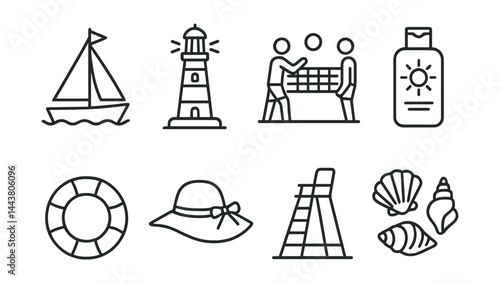 Line vector icons of seaside activities: sailing boat, lighthouse, beach volleyball, sunscreen lotion, swimming ring, sunhat, lifeguard chair, shell collection.