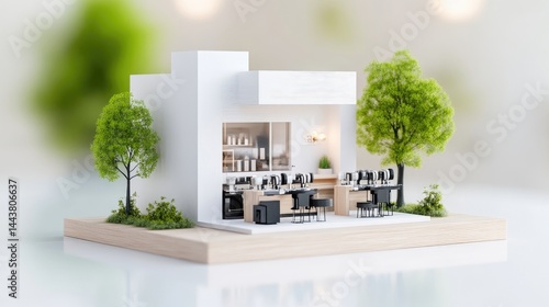 Miniature cafe model on a wooden base, surrounded by greenery