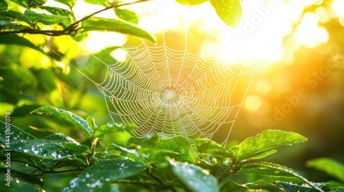 Orb web gleaming in the morning sun among green foliage