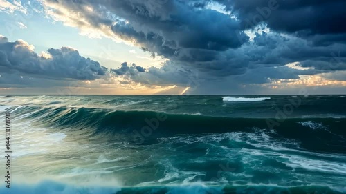 Majestic waves crash under a dramatic sky at twilight, showcasing nature's beauty and raw power in vibrant colors Generative AI