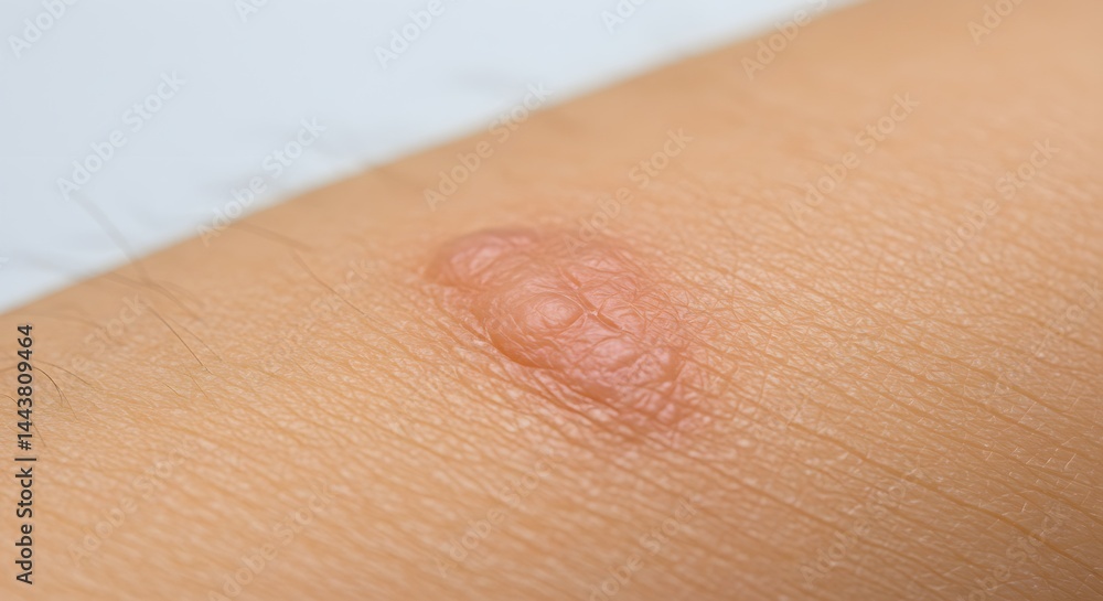 Fototapeta premium A detailed view of a raised scar, showing skin texture and the mark of a healing injury.