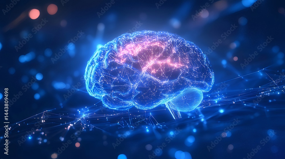 光る青い線と光点で構成された脳の3Dイラスト 未来的な科学技術と人工知能の概念 光る青い線と光点で構成された脳の3Dイラスト 未来的な科学技術と人工知能の概念