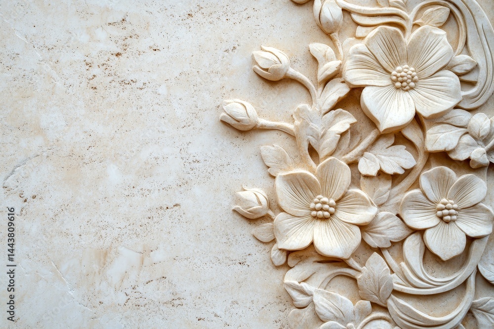 Ornate floral carving on a light beige stone surface. Ornate floral carving on a light beige stone surface.