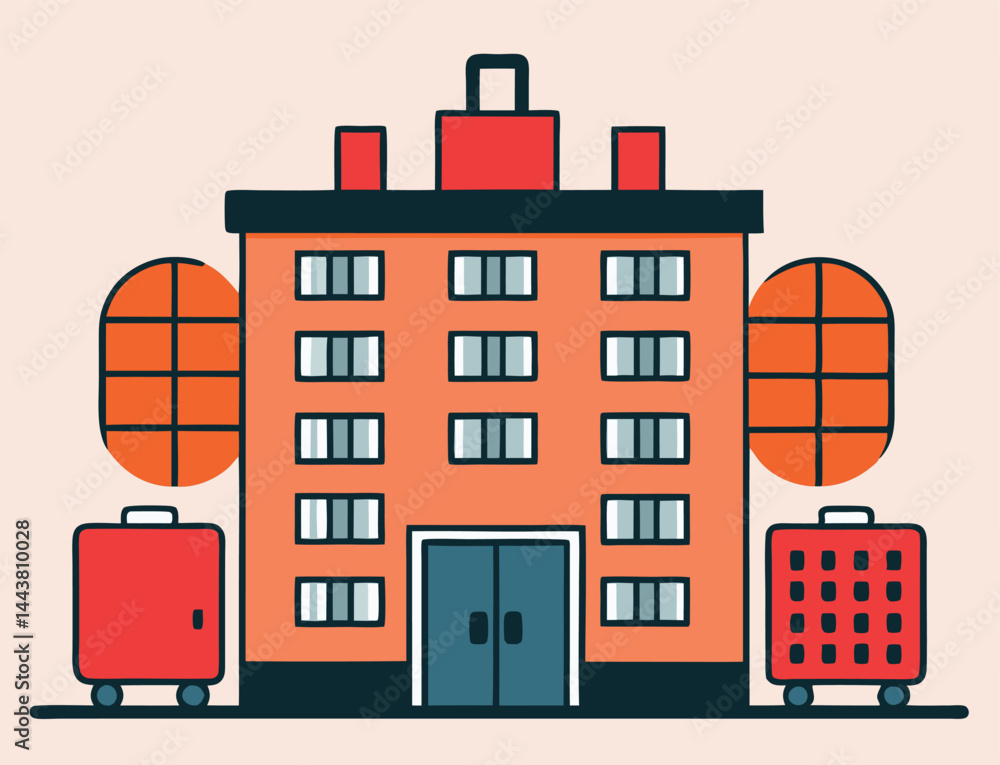 Obraz premium Whimsical cartoon apartment building with round windows and two rolling suitcases creates a playful image