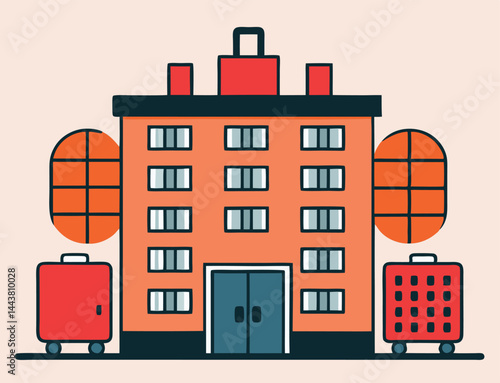Whimsical cartoon apartment building with round windows and two rolling suitcases creates a playful image
