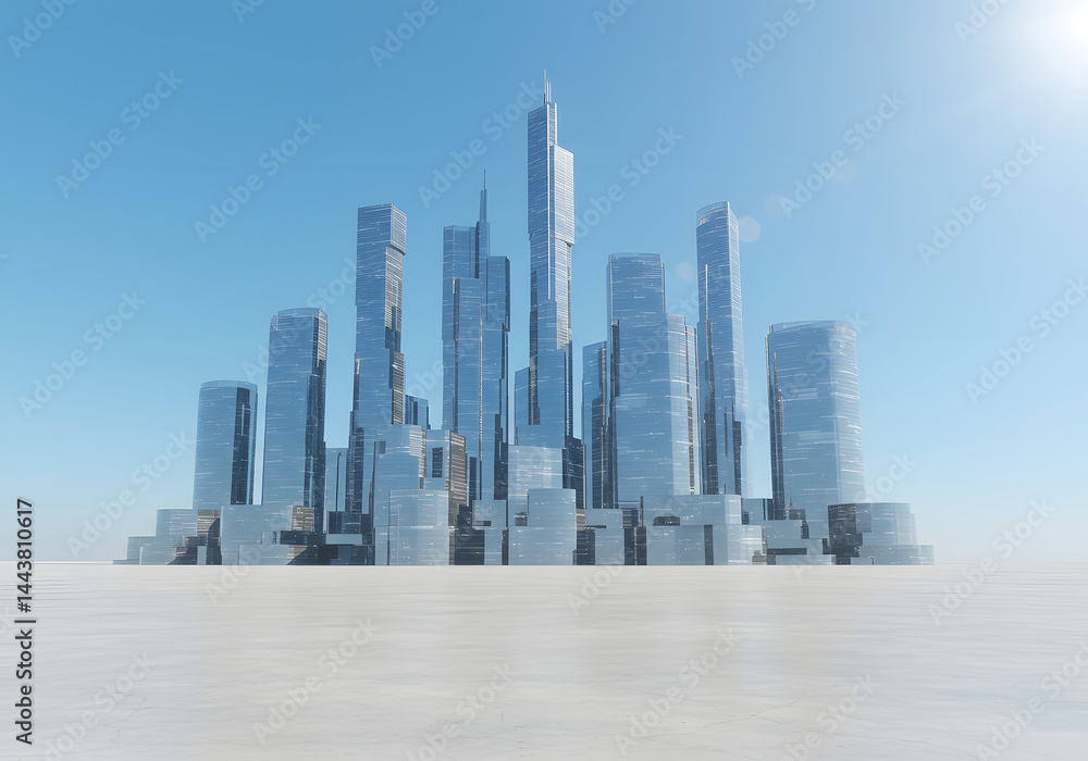 Obraz premium Modern Futuristic Cityscape Tall Skyscrapers Under Blue Sky, Urban Architecture Concept.