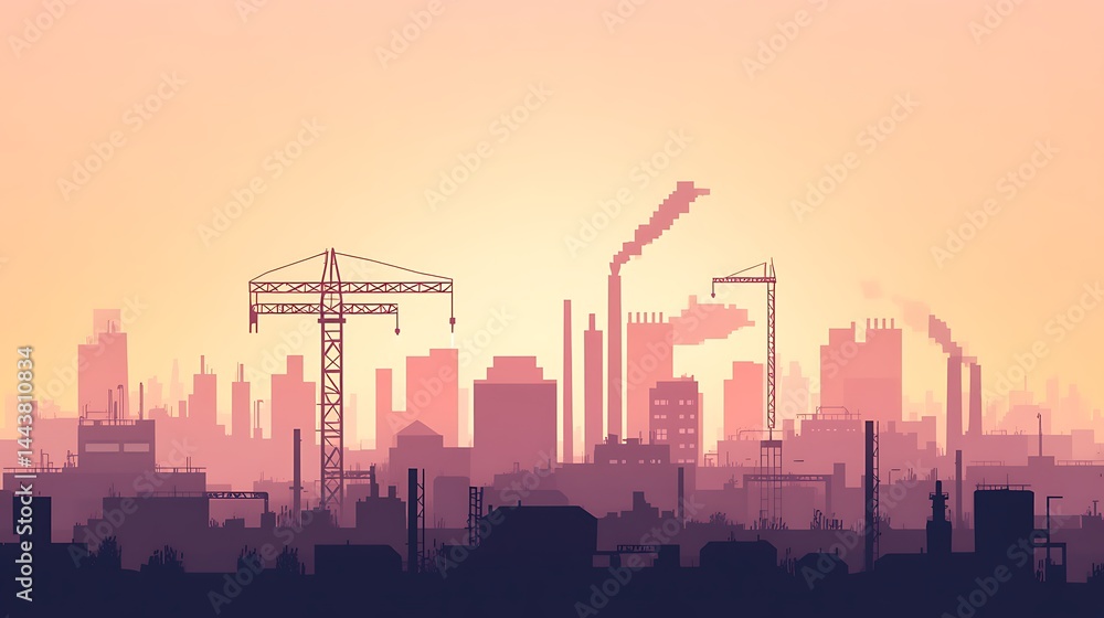 Cityscape Silhouette with Cranes and Industrial Structures at Sunset Cityscape Silhouette with Cranes and Industrial Structures at Sunset