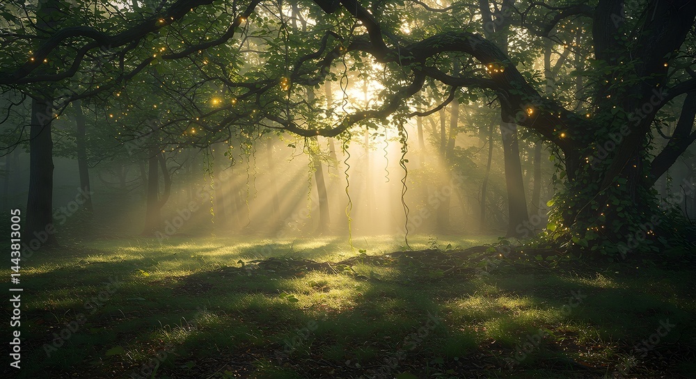 Obraz premium Sunlight Streaming Through Trees in a Mystical Forest
