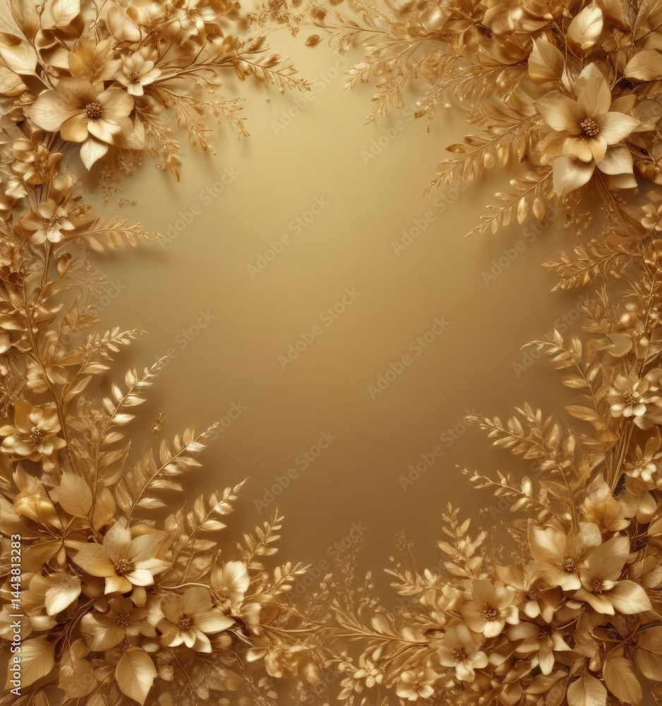Obraz premium Luxurious golden floral backdrop; delicate gold leaves and blossoms on a shimmering gold background , art, invitation, floral