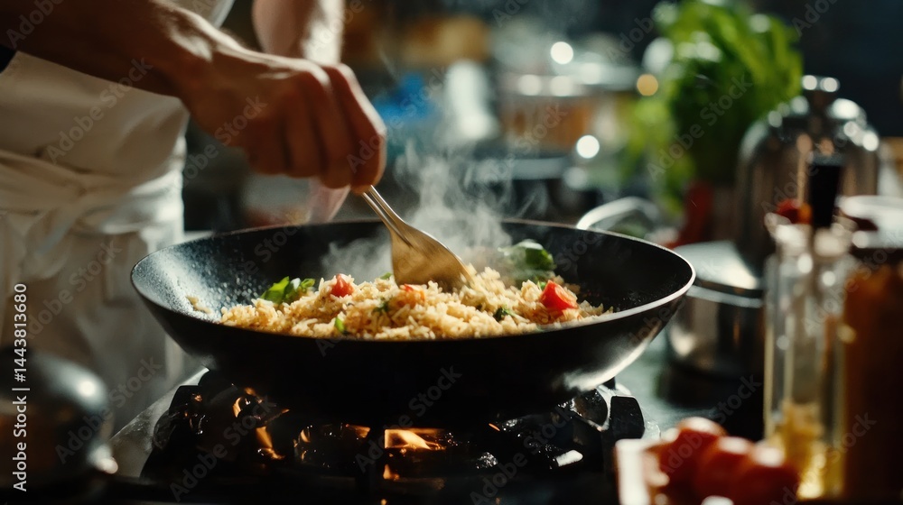 Chef preparing delicious fried rice in a wok, culinary arts, steaming hot food, kitchen setting, professional cooking Chef preparing delicious fried rice in a wok, culinary arts, steaming hot food, kitchen setting, professional cooking