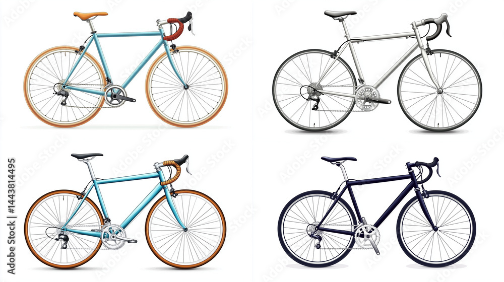 Four road bikes in blue, silver, teal, and black. Four road bikes in blue, silver, teal, and black.
