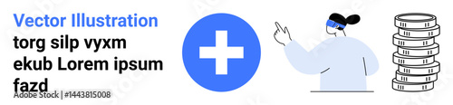 Medical professional pointing towards cross icon, emphasizing health services, with a coin stack symbolizing finance. Ideal for healthcare, insurance, economy, investment, savings, innovation simple