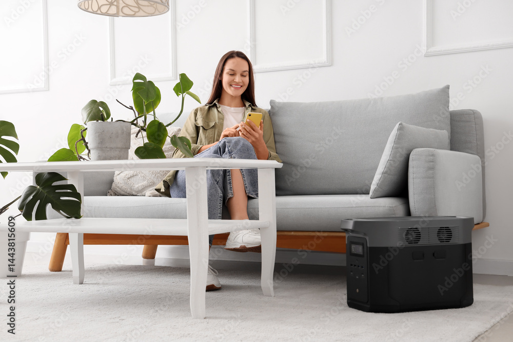Young woman using mobile phone on sofa with portable power station at home