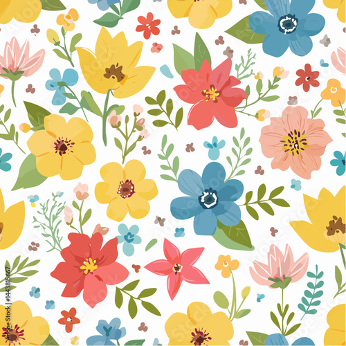Colorful vintage flower art seamless pattern illustration. Retro nature floral background in hand drawn style. Spring season decoration texture, nature textile drawing print.
