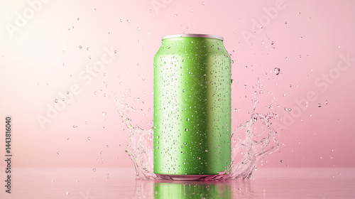 Green aluminum drink can with water drops and splash effect. 