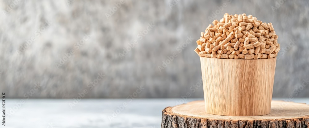 Wooden container overflowing with pellets on tree trunk section still life
