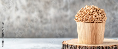 Wooden container overflowing with pellets on tree trunk section still life