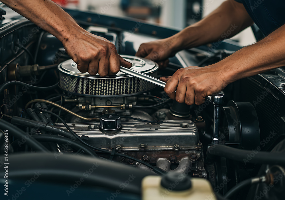A mechanic expertly uses a wrench to repair the engine of a classic automobile in a garage. A mechanic expertly uses a wrench to repair the engine of a classic automobile in a garage.