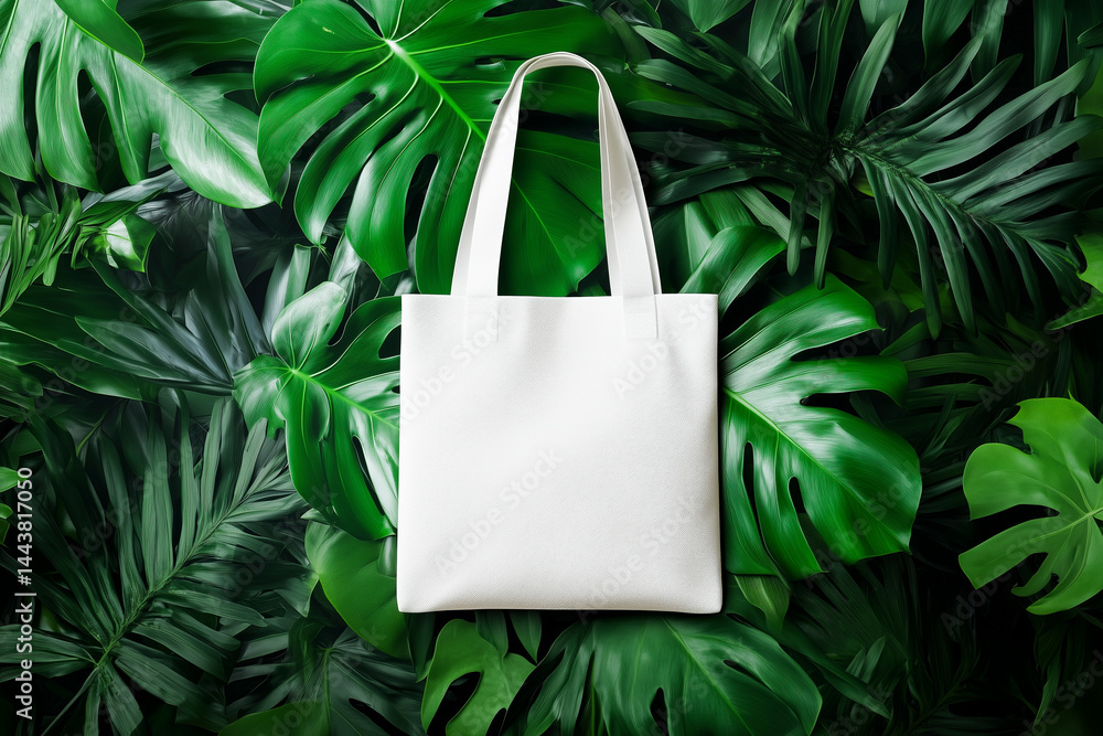 White eco tote bag mockup hanging on green leaf wall.