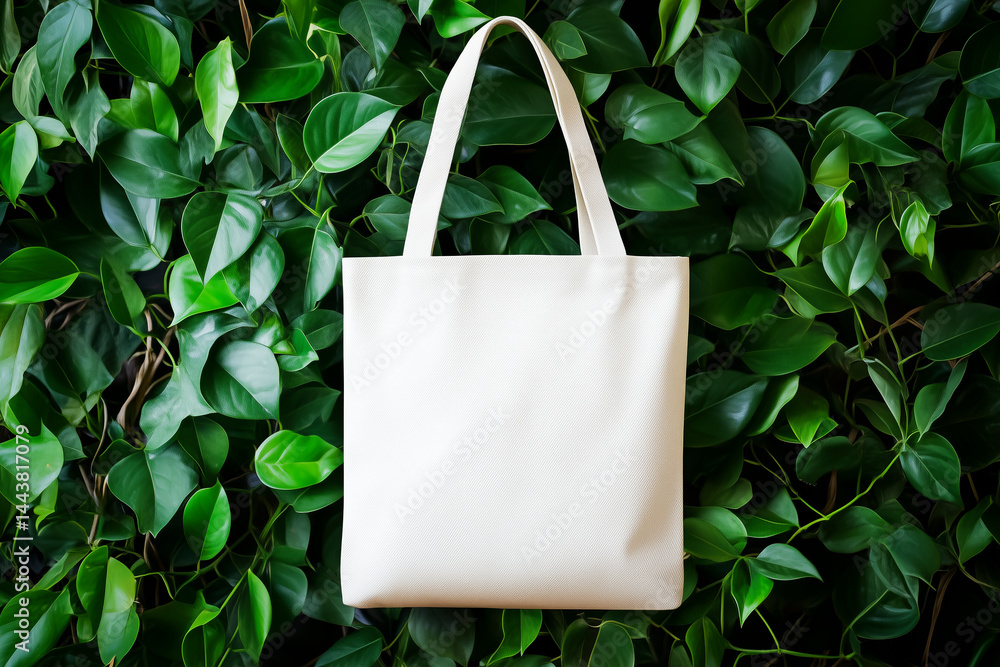 White eco tote bag mockup hanging on green leaf wall.