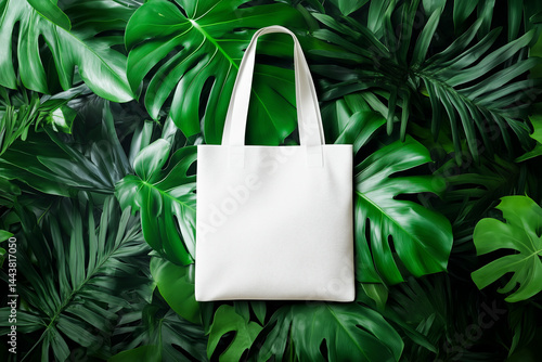 Obraz na płótnie White eco tote bag mockup hanging on green leaf wall. w salonie