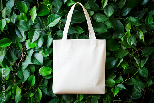 Obraz na płótnie White eco tote bag mockup hanging on green leaf wall. w salonie