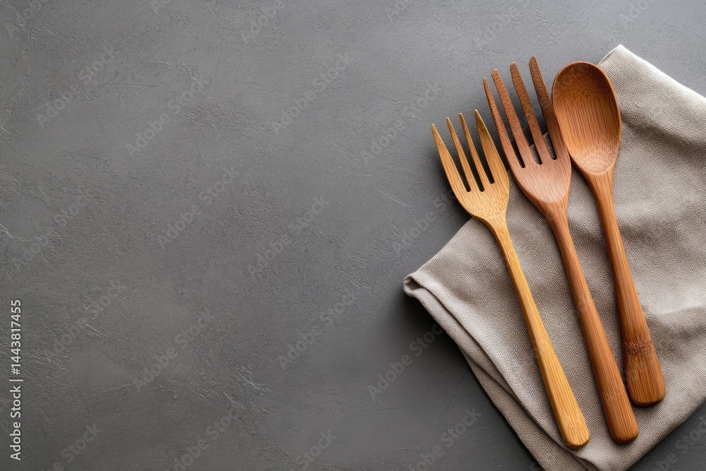 Wooden spoon and forks on linen cloth rustic kitchenware culinary utensils