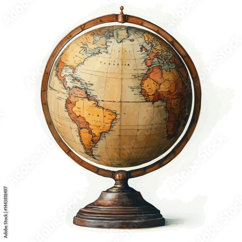 Mechanical Globe With Rotating Rings, watercolor vector, isolated on a white background.