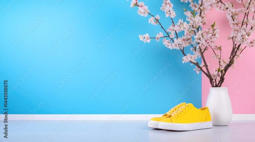 Yellow shoe with blossoms against split background product display