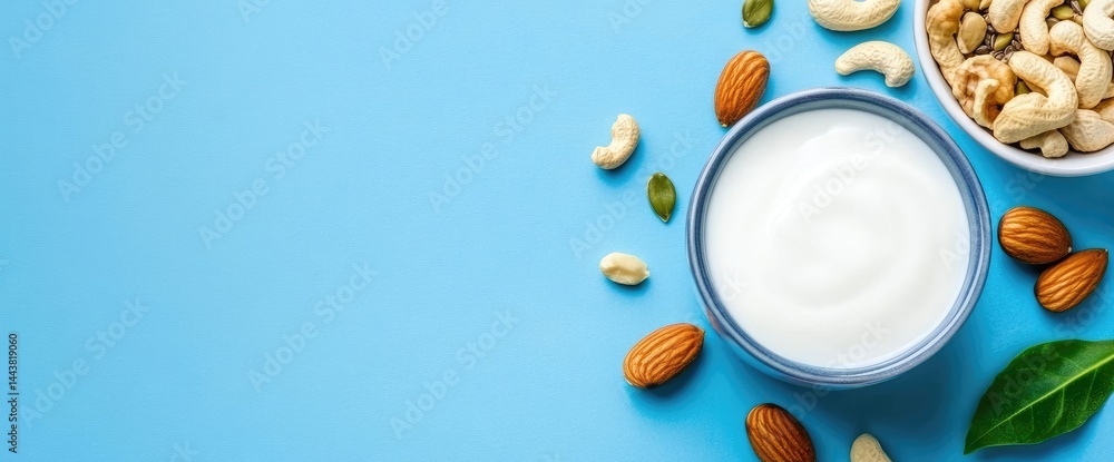 Yogurt bowl with assorted nuts overhead food photography healthy eating ingredients and nutrition