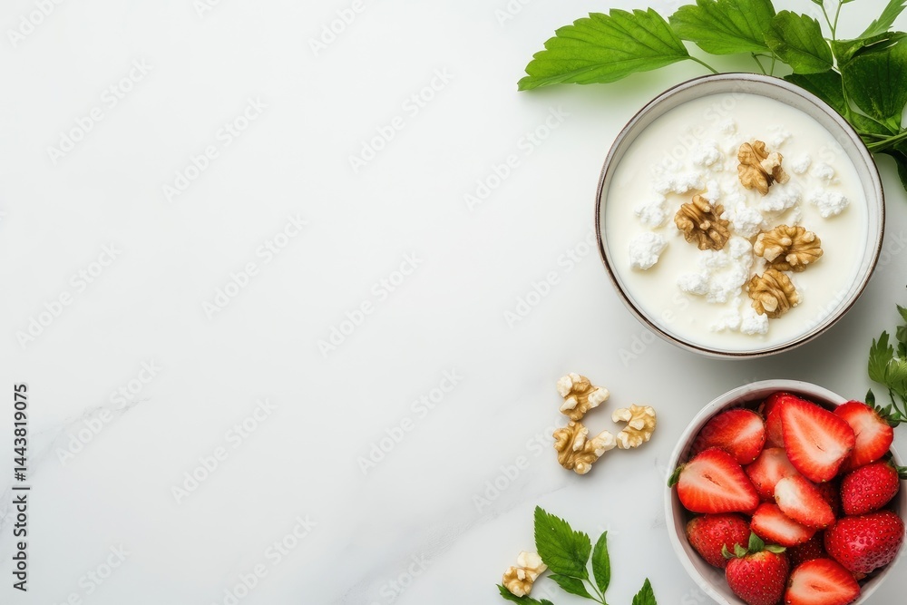 Yogurt bowl with cheese walnut and strawberry healthy food still life arrangement flat lay