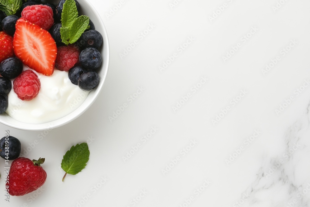 Yogurt bowl with fresh berries and mint leaves healthy food concept