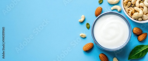 Obraz na płótnie Yogurt bowl with assorted nuts overhead food photography healthy eating ingredients and nutrition w salonie