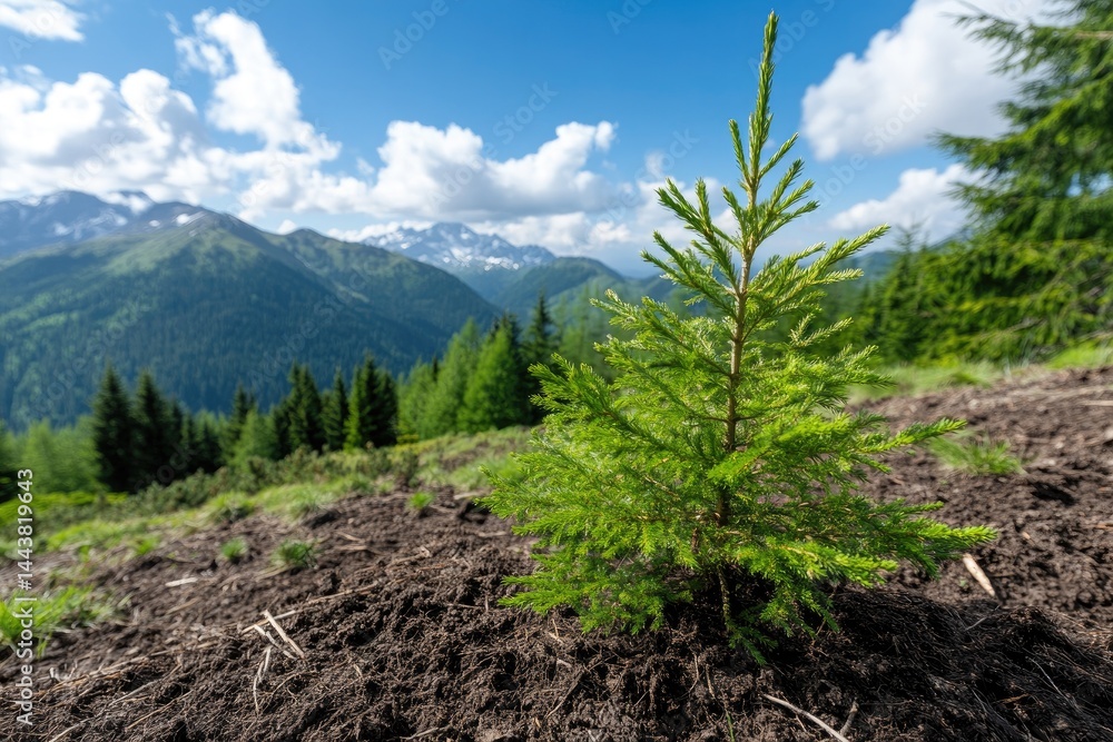 Young fir tree planted nature growth and environmental conservation