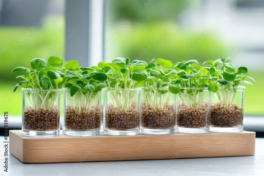 Young green sprouts growing indoors in glass containers on wood sustainable farming