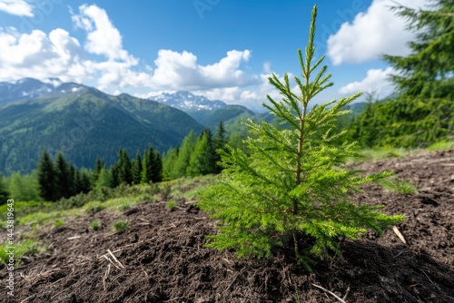 Obraz na płótnie Young fir tree planted nature growth and environmental conservation w salonie