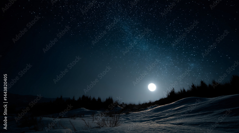 The scenery of stars and moon over the snowy sky The scenery of stars and moon over the snowy sky