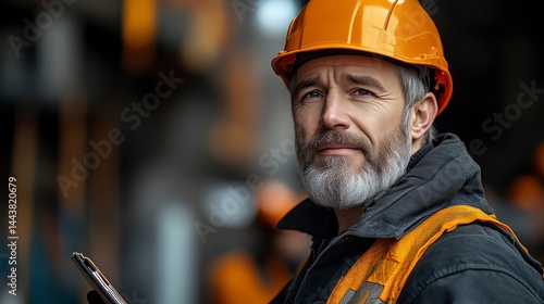 Construction Worker in Safety Gear with Reflective Vest and Hard Hat Focused on Site Inspectio