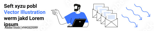 Man using laptop gestures towards outgoing emails with wind arrows, symbolizing communication flow. Ideal for email marketing, direct messages, workflow, automation, digital tools, outreach, flat