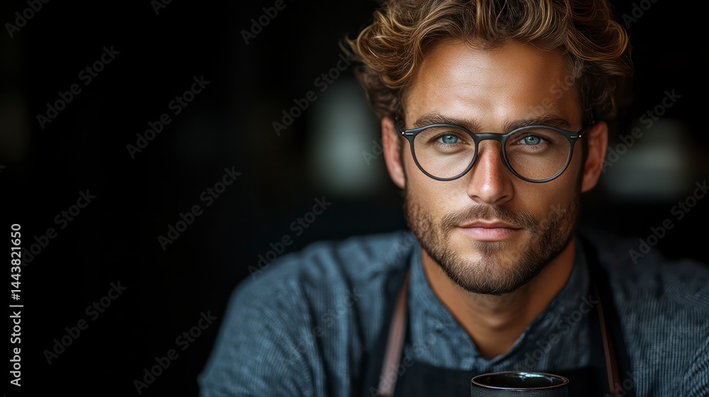 Fototapeta premium A man with glasses and a beard wearing an apron holding a coffee cup in a dimly lit setting
