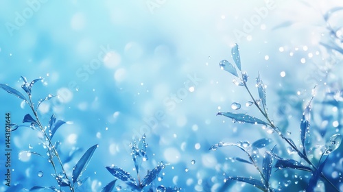 Refreshing close-up of dewy leaves against a soft blue background with sparkling droplets