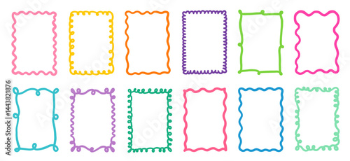 Cute wavy, groovy, colorful vector frames and borders for kids, Rectangle shapes with curvy squiggly doodle lines, fun text boxes