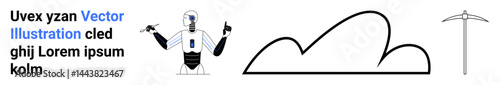 Robot gesturing with two hands, minimal cloud shapes, and abstract pickaxe. Ideal for AI, automation, digital transformation, cloud computing, data mining, futuristic tech simple landing page