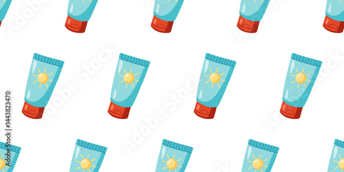 Seamless summer pattern with turquoise and red sunscreen tubes featuring a sun icon on the label