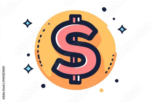 Bold stylized dollar symbol in pink and orange with abstract sparkles
